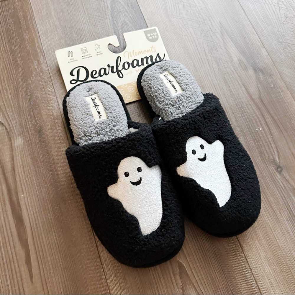NEW Dearfoams Ghost Black Slippers